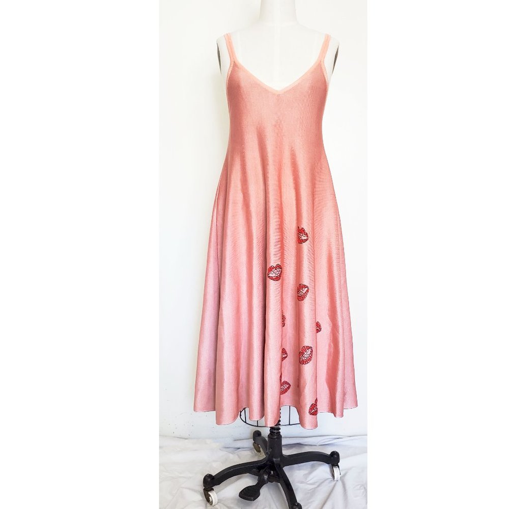 JIMI ROOS Women's RARE Pink Knit Fit and Flare Dress Whimsical Red Lips S/M - Picture 13 of 15